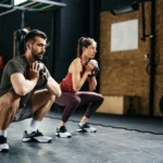 homem e mulher fazendo agachamento com peso como exercício para fortalecer o joelho